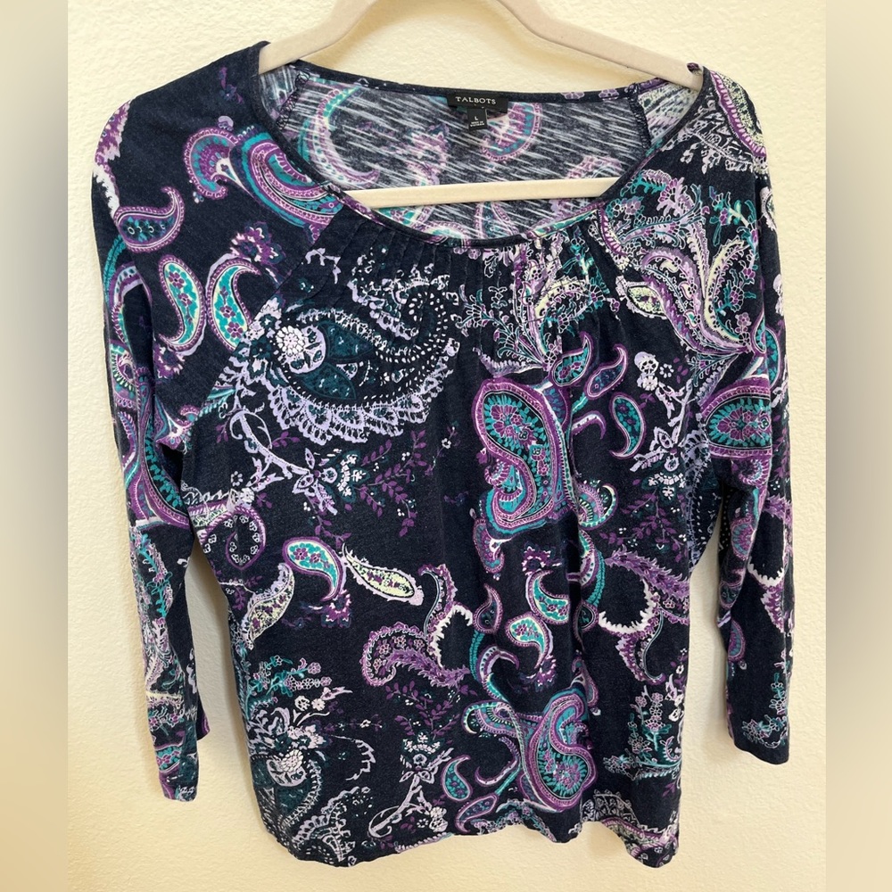 Talbots 100% Cotton Indigo Blue Paisley Shirred Round Neck Top Large